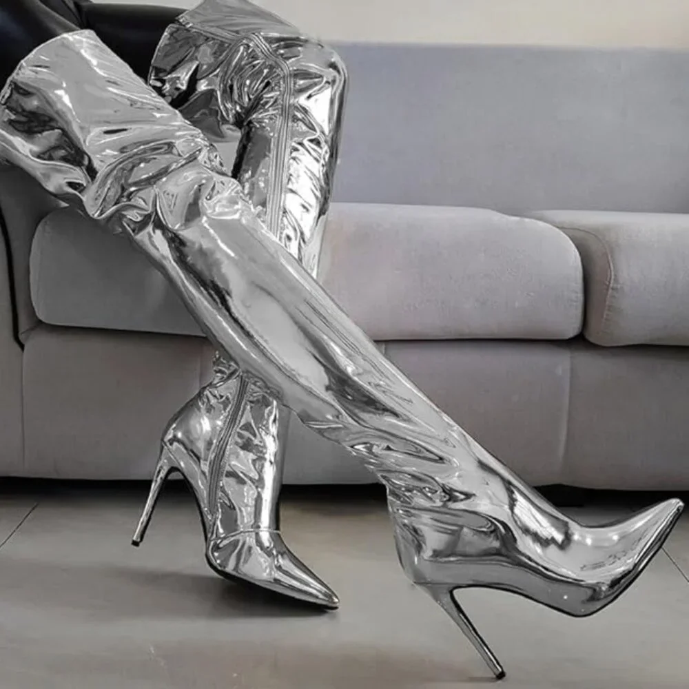 NIB (6.5) THIGH HIGH SLEEK & SILVER SEXY-ASS SUPERHERO STILETTOS